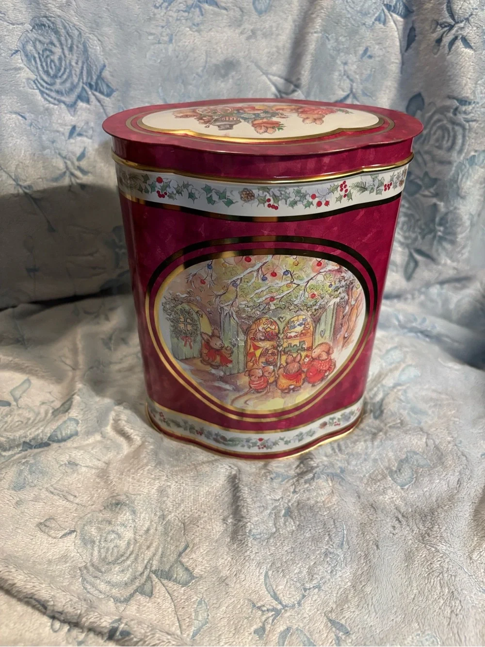 Festive Berry Holiday Cookie Tin with Woodland Scene